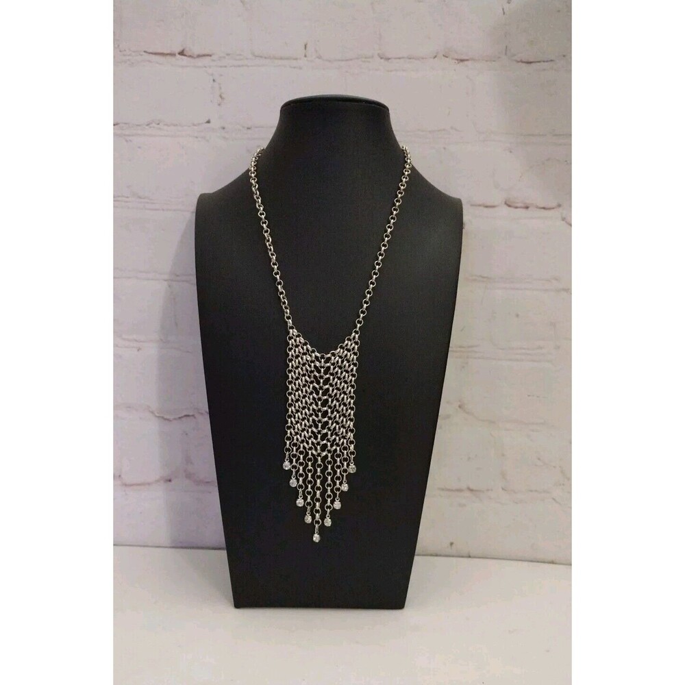 VTG Silver Tone Chainmail Waterfall Choker Necklace w/ Crystal Drops Adjustable